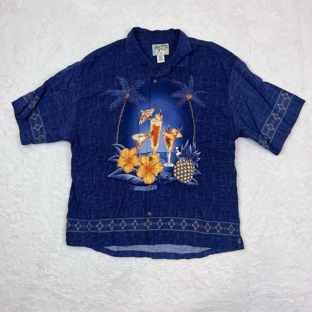 Vintage Big Dogs Men's Size XL Blue Hawaiian Shirt Dog‎ Mixed Drinks Cocktails